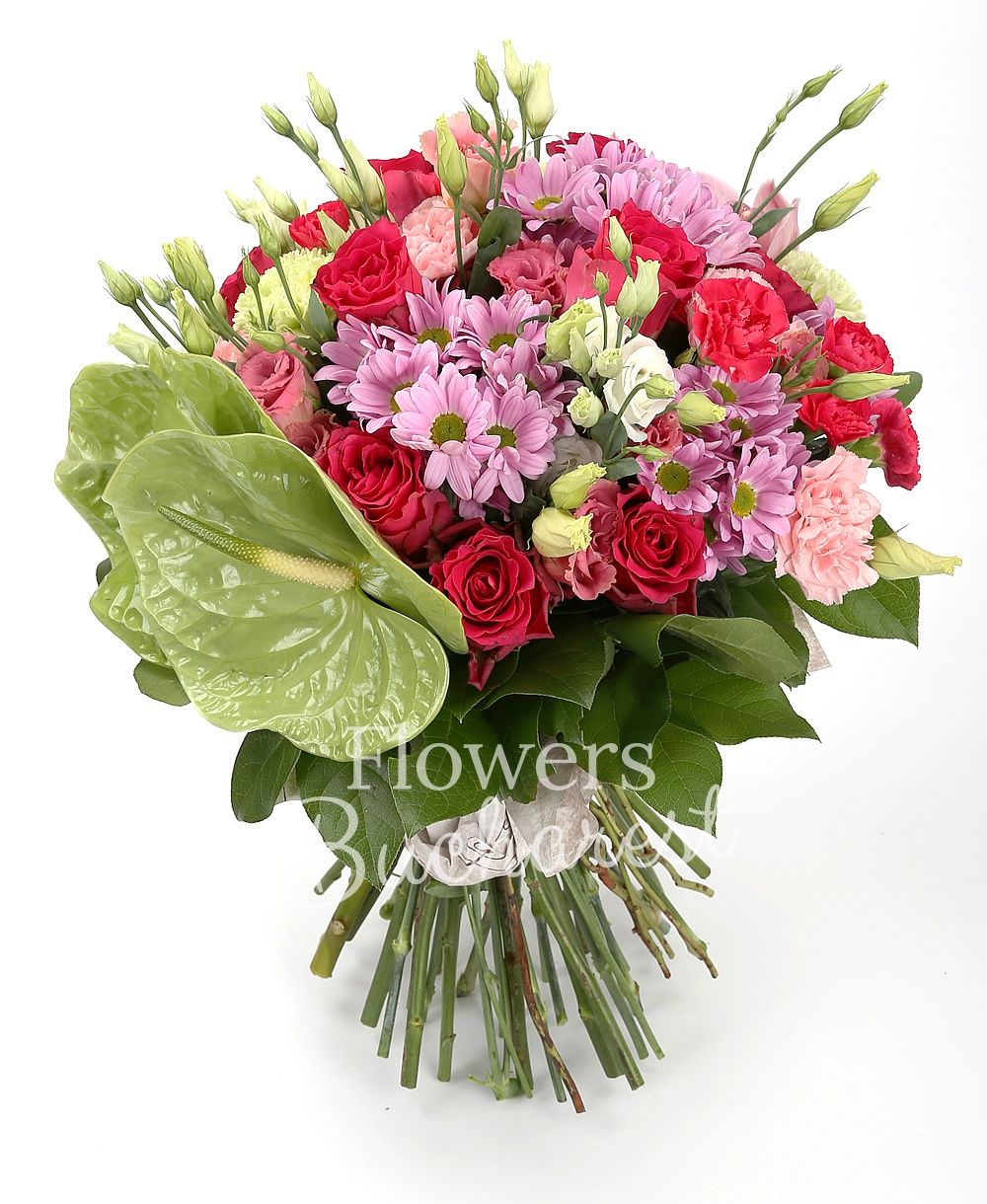 7 cyclam roses, 5 pink chrysanthemums, 2 green anthurium, 7 pink lisianthus, 7 pink carnations, 5 cyclam miniroses, pink cymbidium, greenery