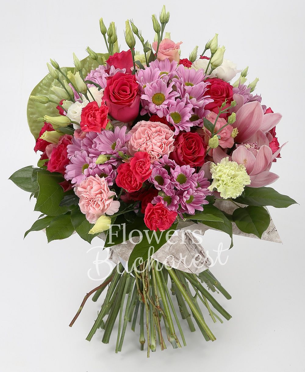 7 cyclam roses, 5 pink chrysanthemums, 2 green anthurium, 7 pink lisianthus, 7 pink carnations, 5 cyclam miniroses, pink cymbidium, greenery