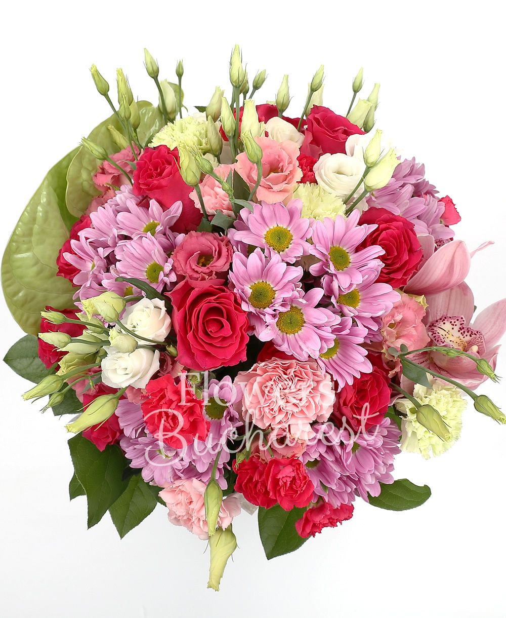 7 cyclam roses, 5 pink chrysanthemums, 2 green anthurium, 7 pink lisianthus, 7 pink carnations, 5 cyclam miniroses, pink cymbidium, greenery