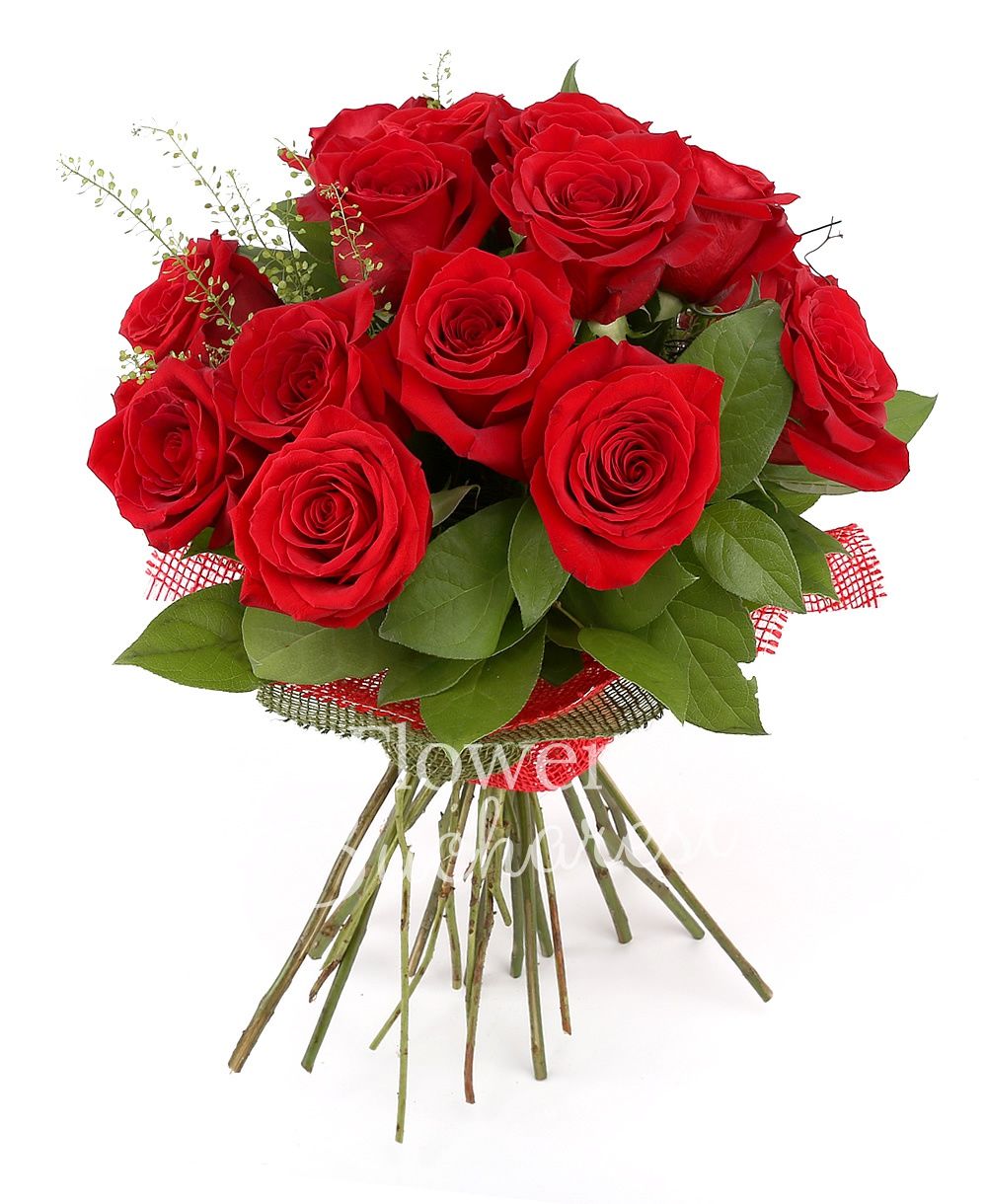 15 red roses, greenery