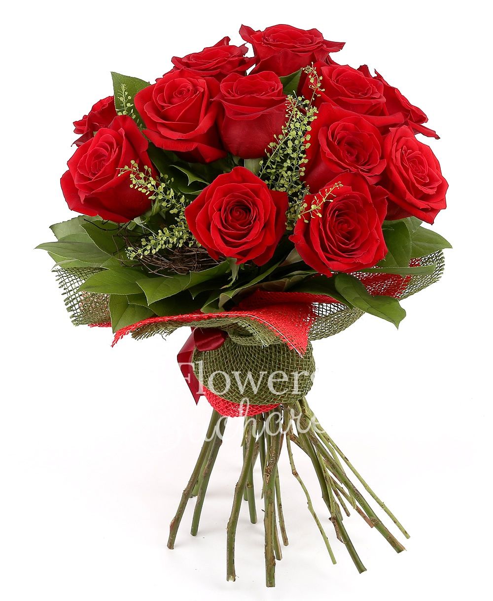 15 red roses, greenery