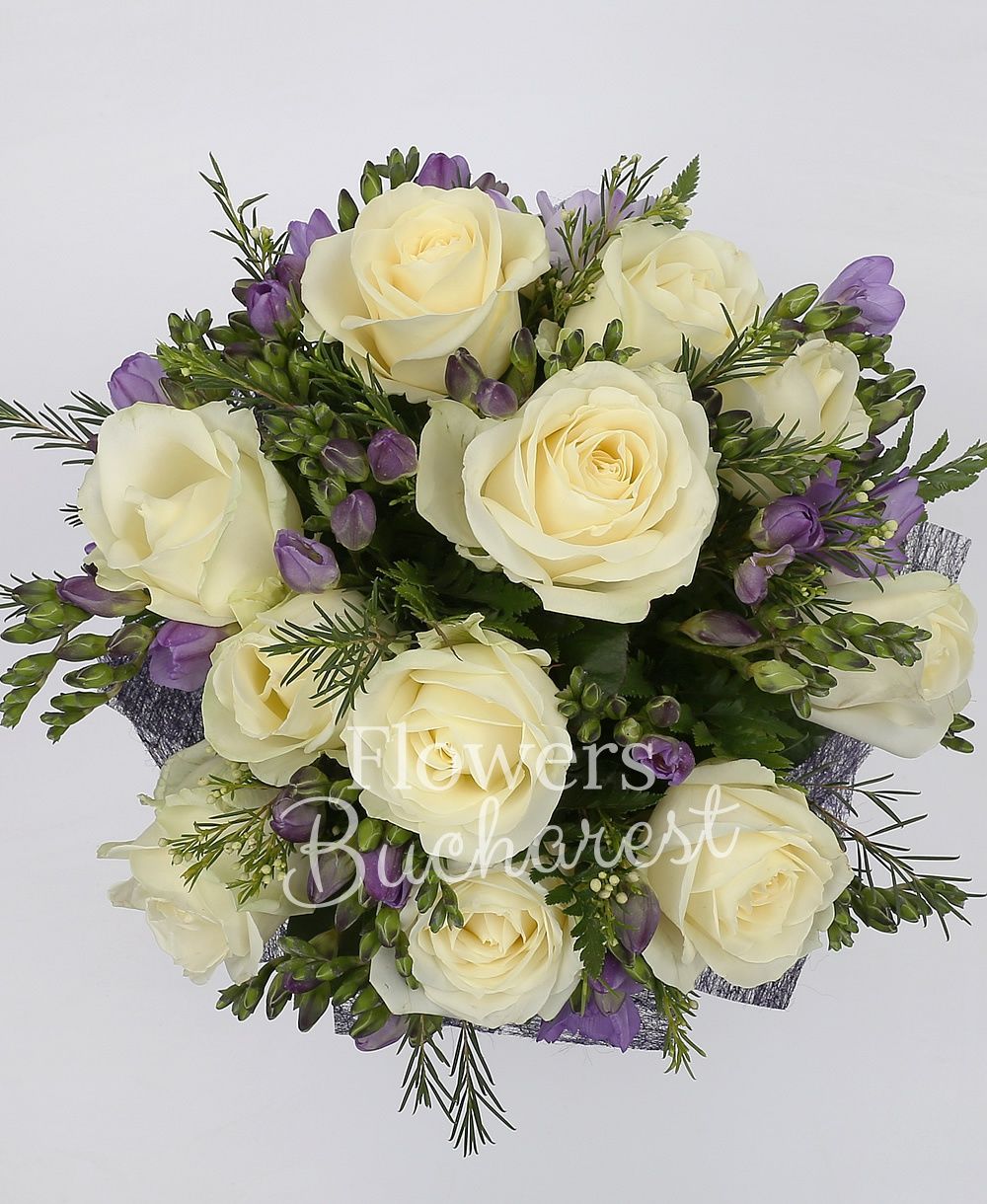 10 white roses, 20 mauve freesias, greenery