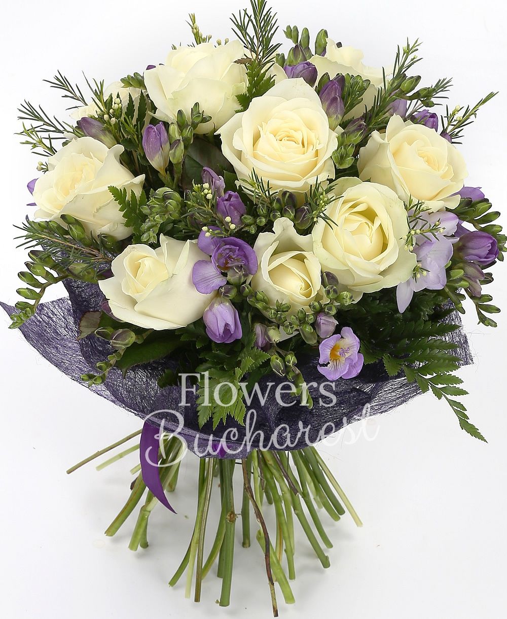 10 white roses, 20 mauve freesias, greenery