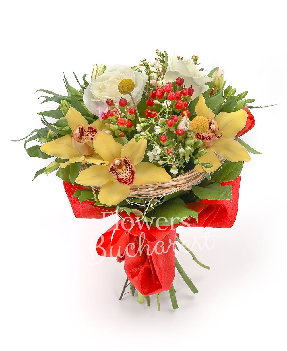 3 white roses, 3 white alstroemeria, 5 red tulips, 3 red hypericum, 5 white freesias, yellow cymbidium, 3 yellow craspedia, greenery