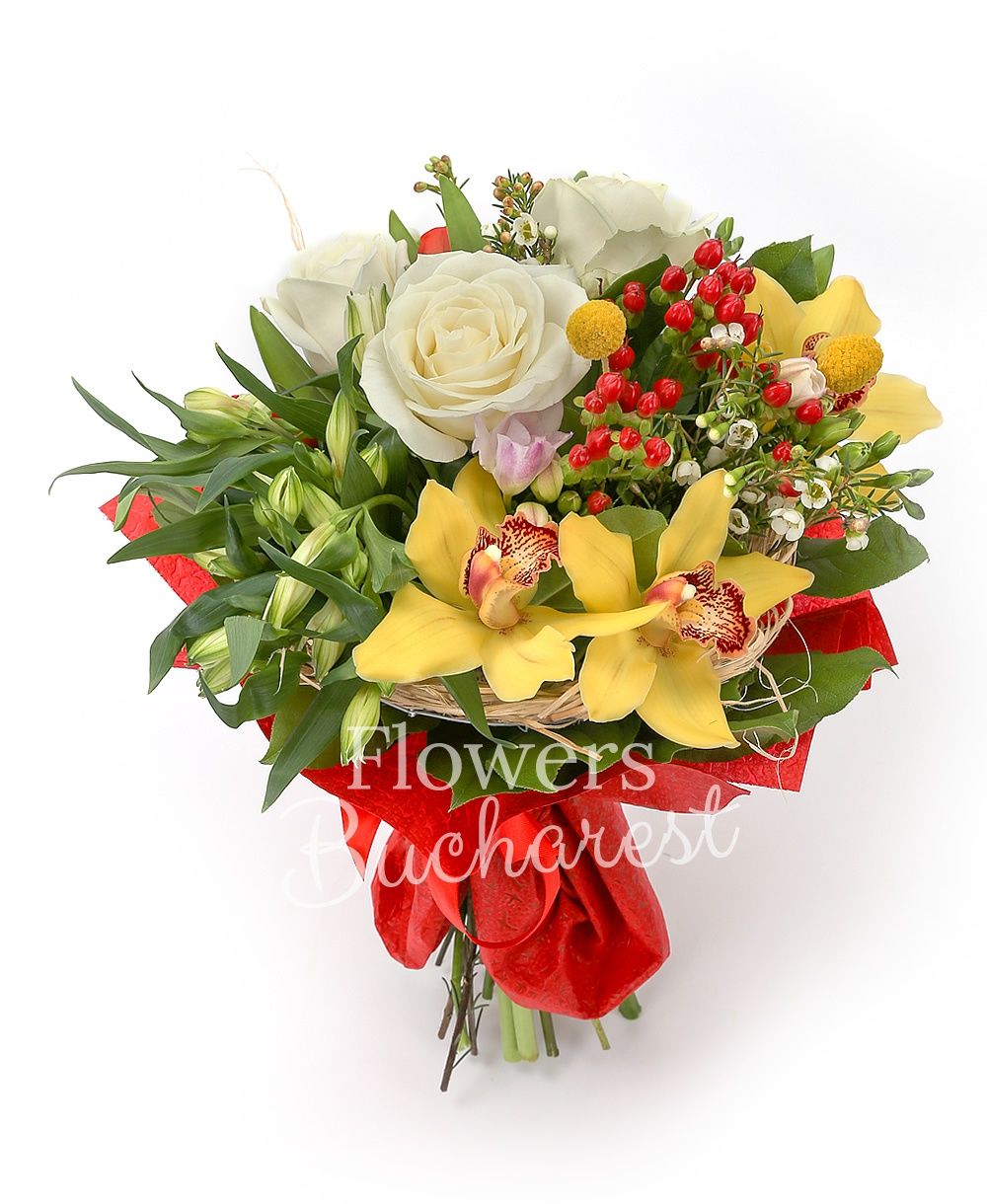 3 white roses, 3 white alstroemeria, 5 red tulips, 3 red hypericum, 5 white freesias, yellow cymbidium, 3 yellow craspedia, greenery