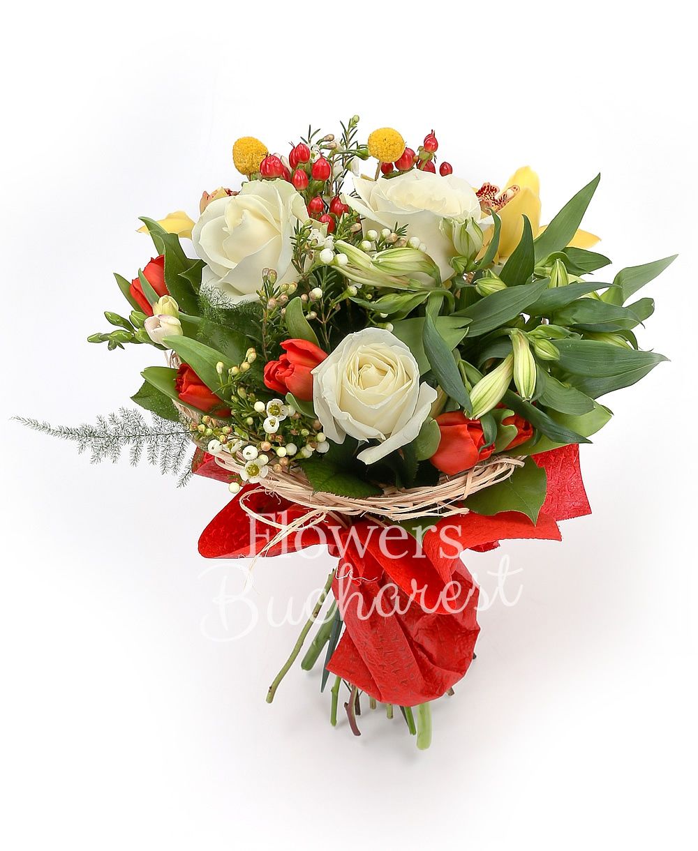 3 white roses, 3 white alstroemeria, 5 red tulips, 3 red hypericum, 5 white freesias, yellow cymbidium, 3 yellow craspedia, greenery