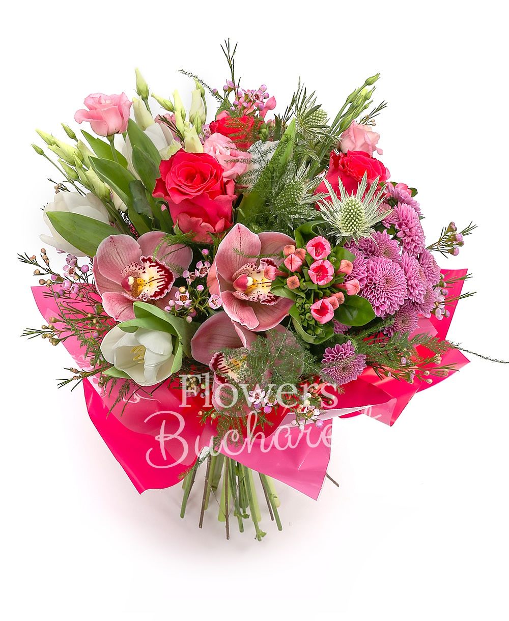 3 pink roses, 3 pink bouvardia, 3 white eryngium, 5 white tulips, 3 white lisianthus, pink cymbidium, 3 pink santini, greenery