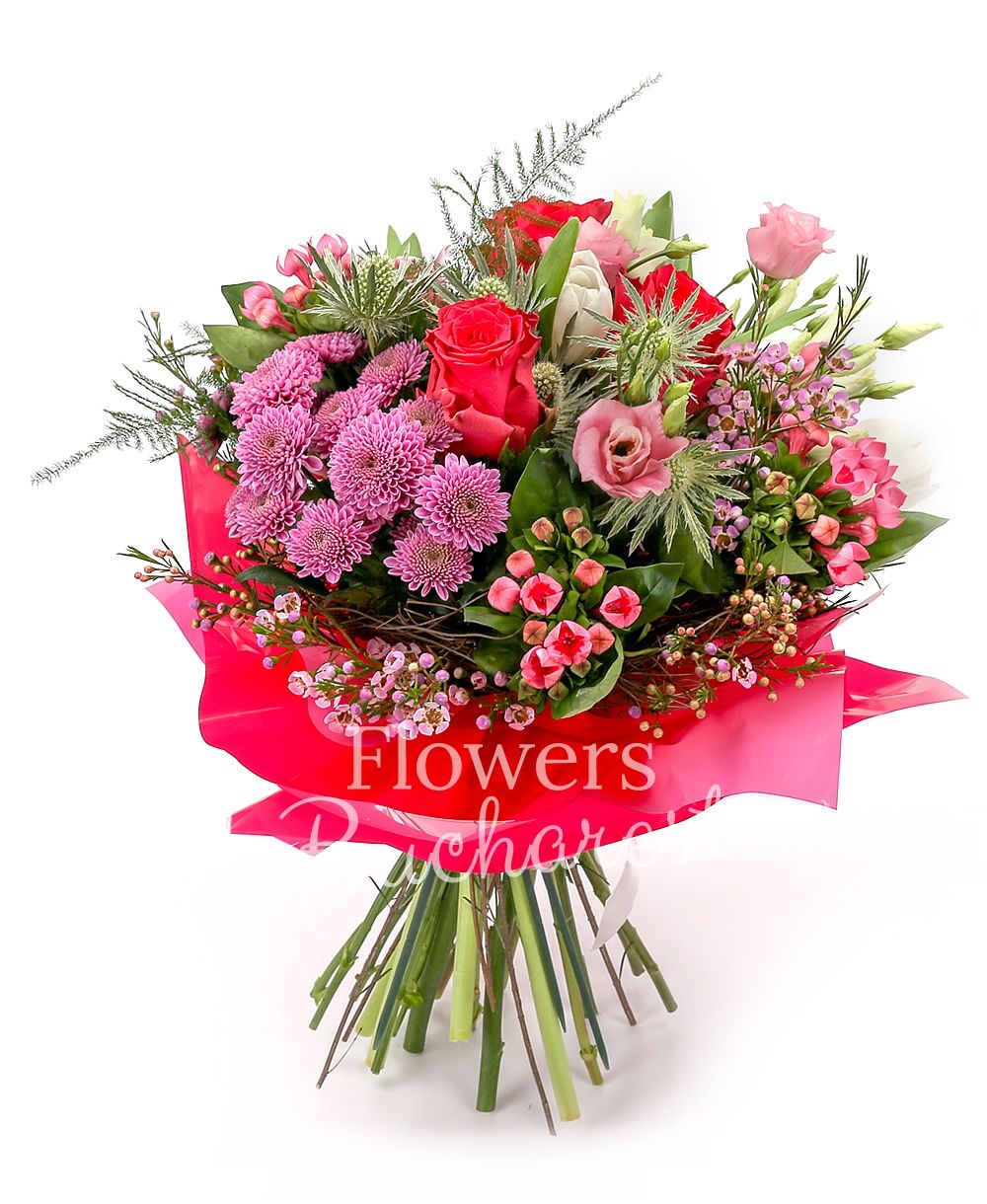 3 pink roses, 3 pink bouvardia, 3 white eryngium, 5 white tulips, 3 white lisianthus, pink cymbidium, 3 pink santini, greenery