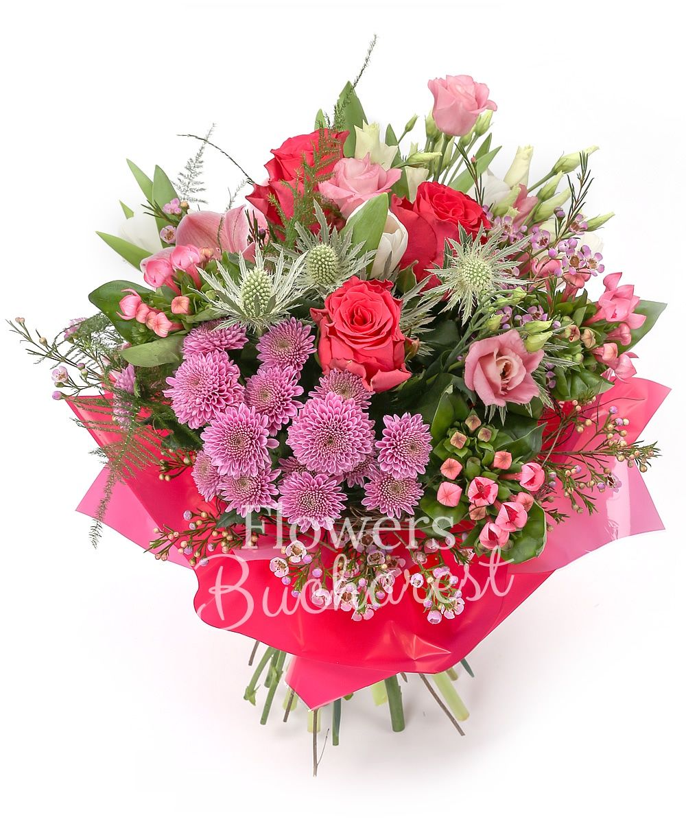 3 pink roses, 3 pink bouvardia, 3 white eryngium, 5 white tulips, 3 white lisianthus, pink cymbidium, 3 pink santini, greenery