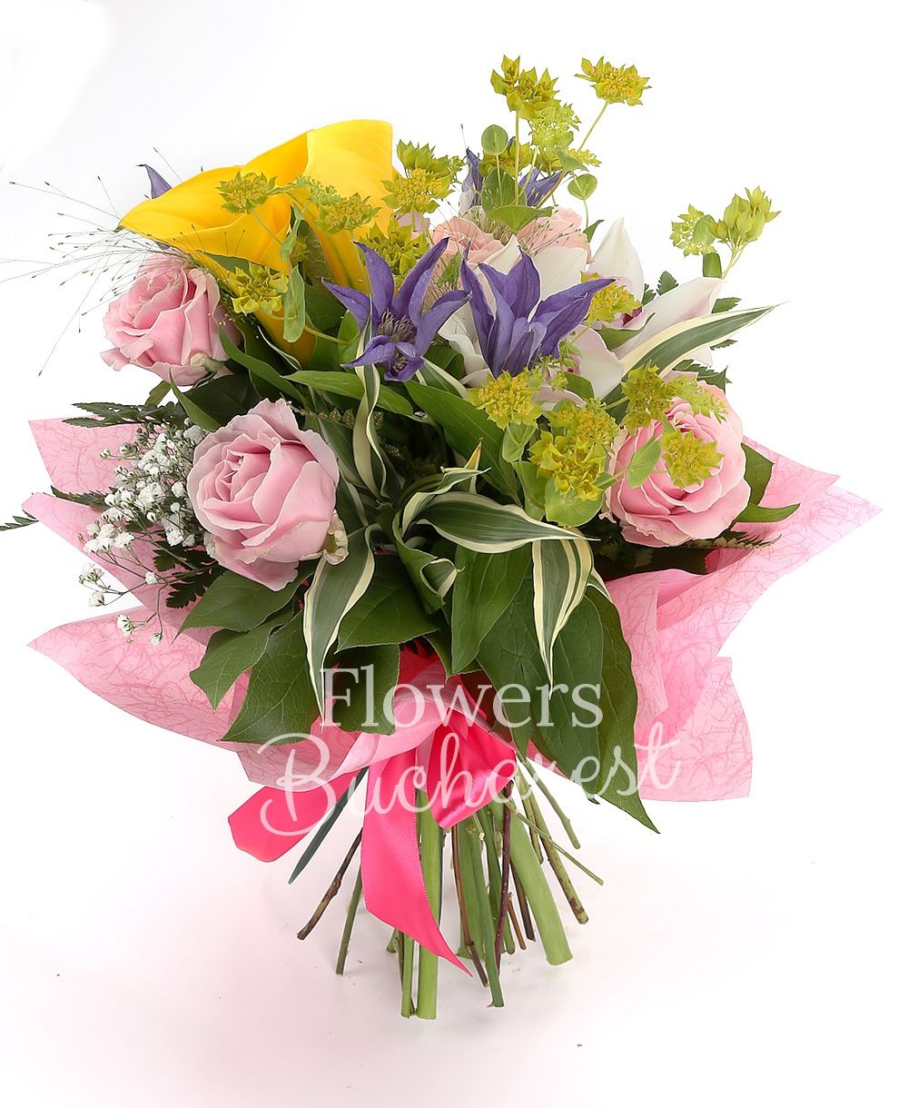 3 yellow cala, 3 mauve clematis, 5 pink roses, white cymbidium, greenery