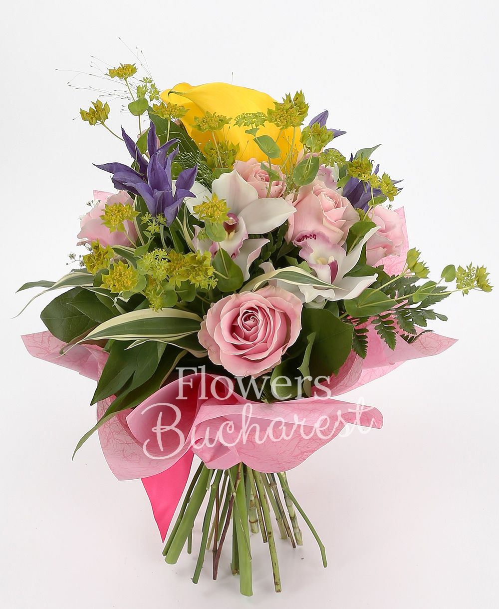 3 yellow cala, 3 mauve clematis, 5 pink roses, white cymbidium, greenery