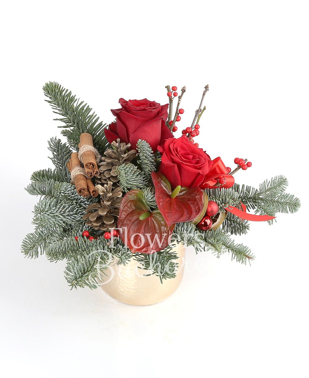 3 red roses, 2 ilex, 2 anthurium, ornaments, vase