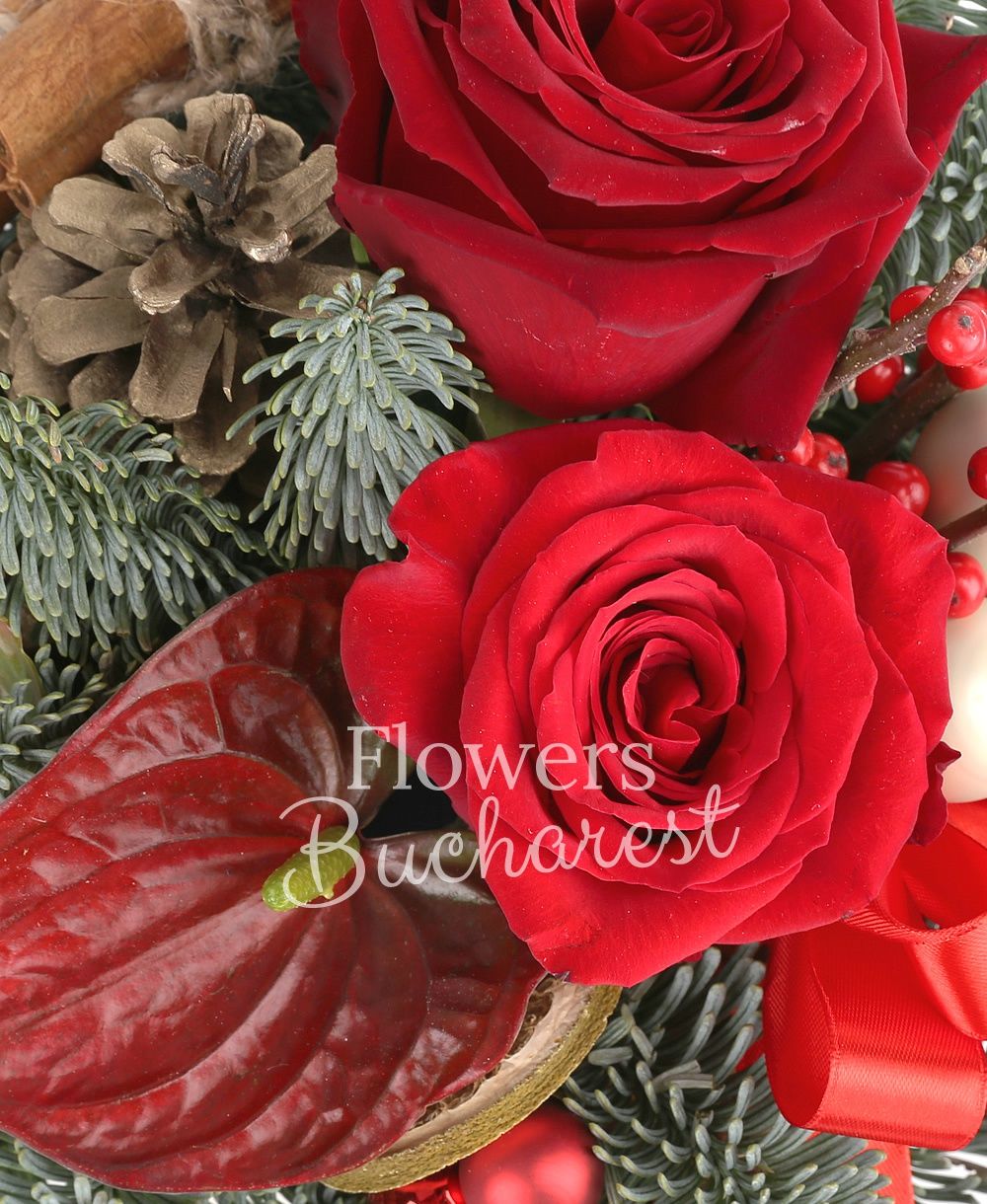 3 red roses, 2 ilex, 2 anthurium, ornaments, vase
