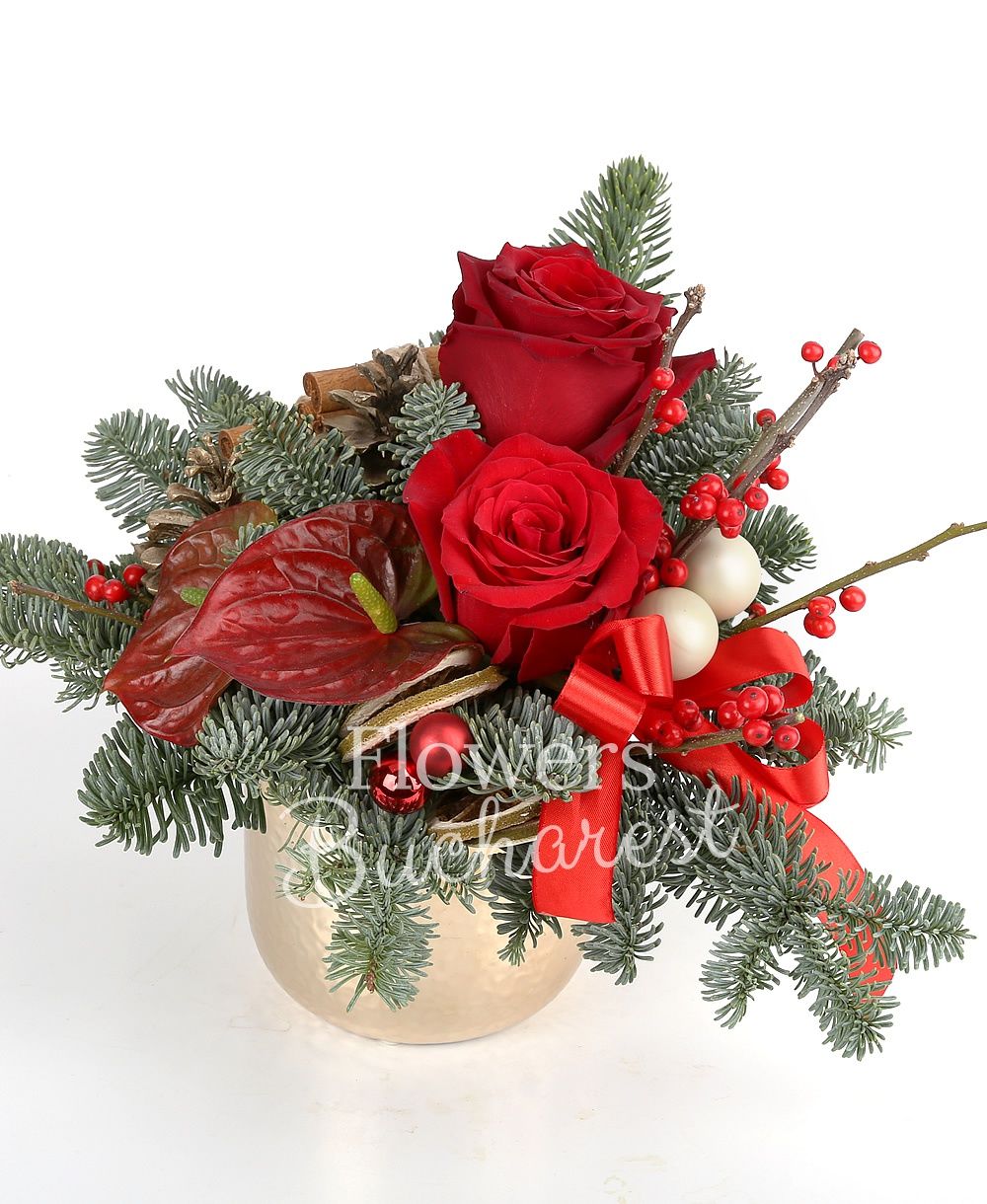 3 red roses, 2 ilex, 2 anthurium, ornaments, vase