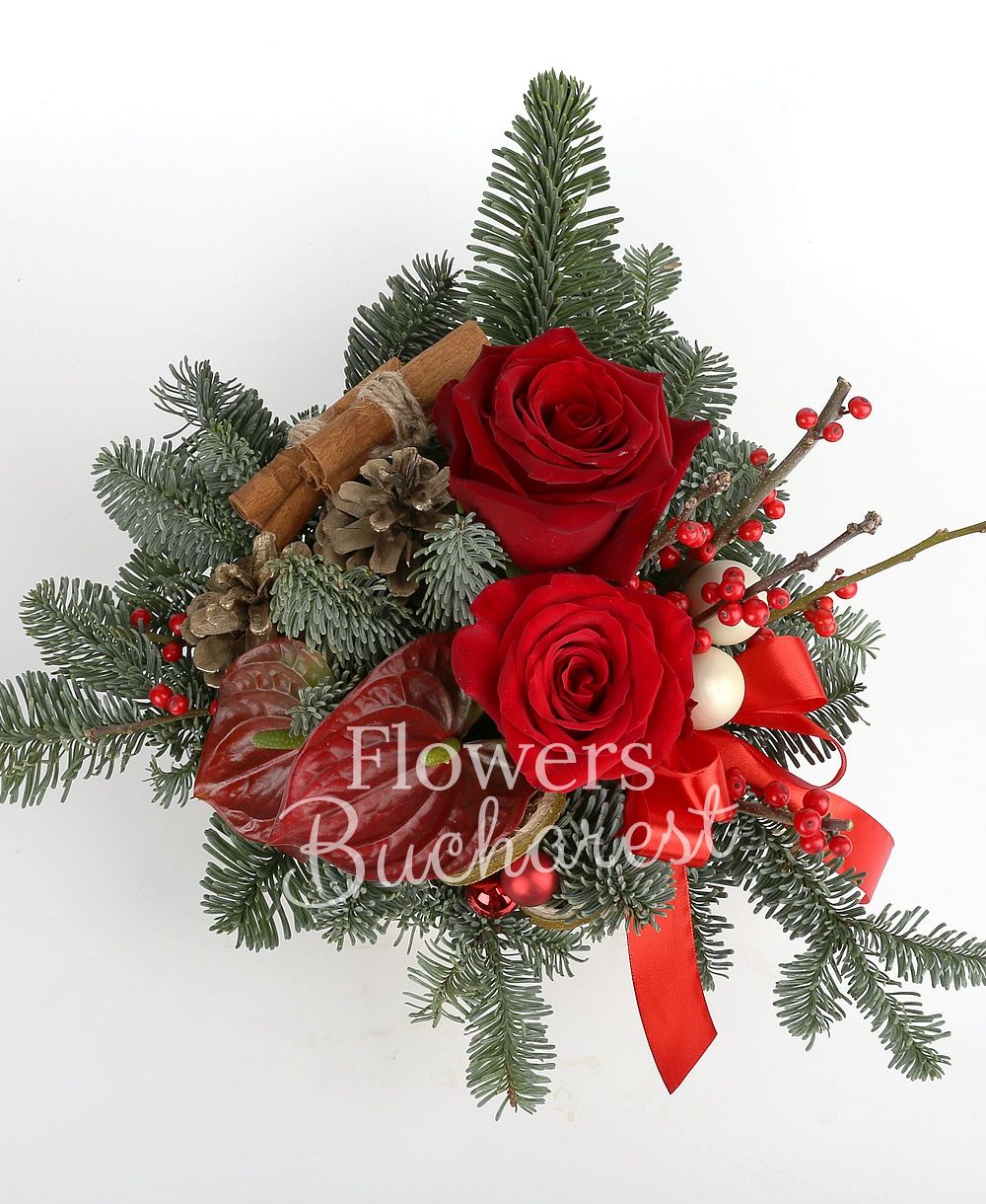 3 red roses, 2 ilex, 2 anthurium, ornaments, vase