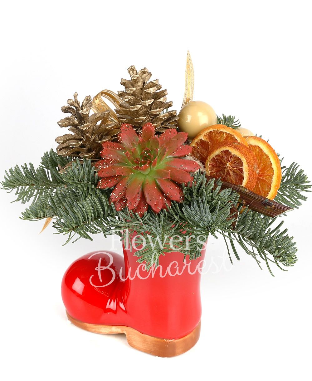 1 echeveria, cones, globes, dried orange, ceramic vase