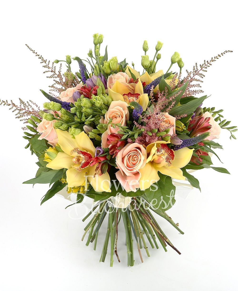 9 cream roses, 6 red alstroemeria, 10 mauve freesias, 5 pink astilbe, 10 mauve veronica, 6 green lisianthus, 5 yellow alstroemeria, yellow cymbidium, greenery