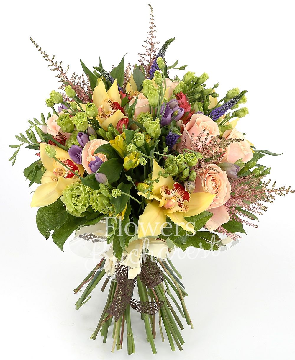 9 cream roses, 6 red alstroemeria, 10 mauve freesias, 5 pink astilbe, 10 mauve veronica, 6 green lisianthus, 5 yellow alstroemeria, yellow cymbidium, greenery