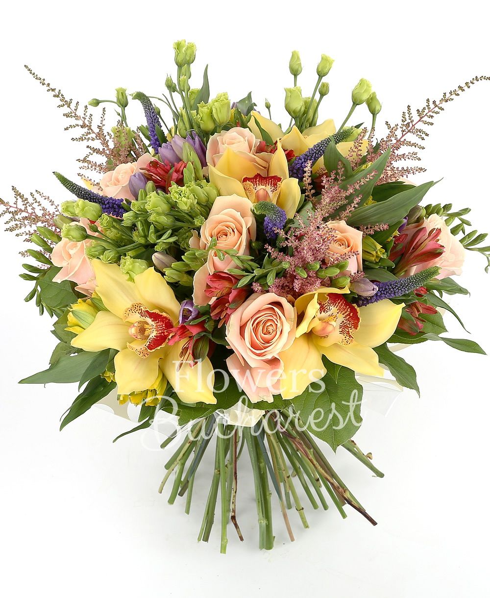 9 cream roses, 6 red alstroemeria, 10 mauve freesias, 5 pink astilbe, 10 mauve veronica, 6 green lisianthus, 5 yellow alstroemeria, yellow cymbidium, greenery