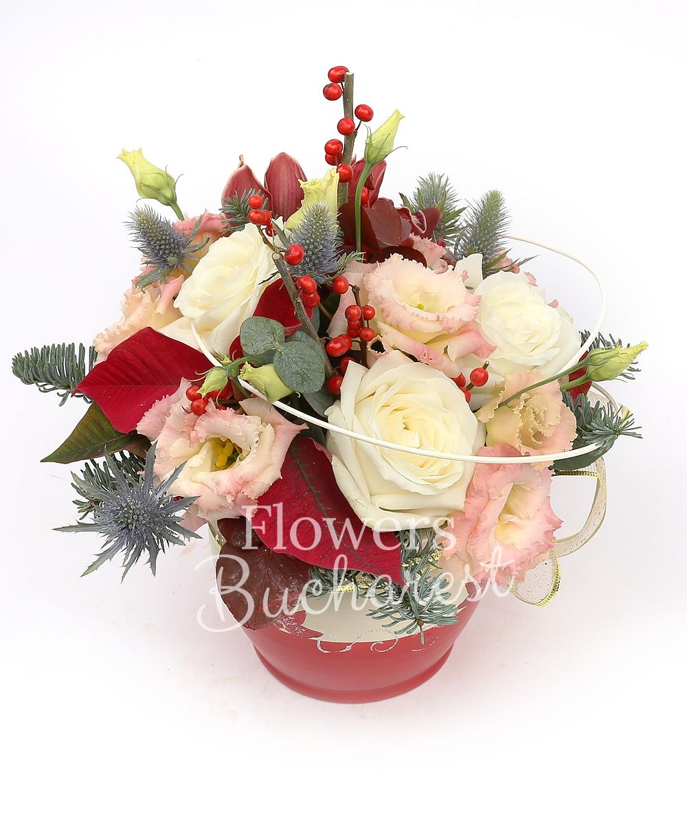 3 white roses, 1 garnet cymbidium, 3 pink lisianthus, ilex, eryngium, poinsettia, greenery