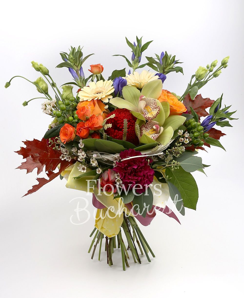 5 blue gentian, 3 orange roses, 3 cream gerbera, 3 orange miniroses, 3 green lisianthus, 3 green hypericum, 3 cyclam dianthus, 3 red tulips, waxflower, greenery