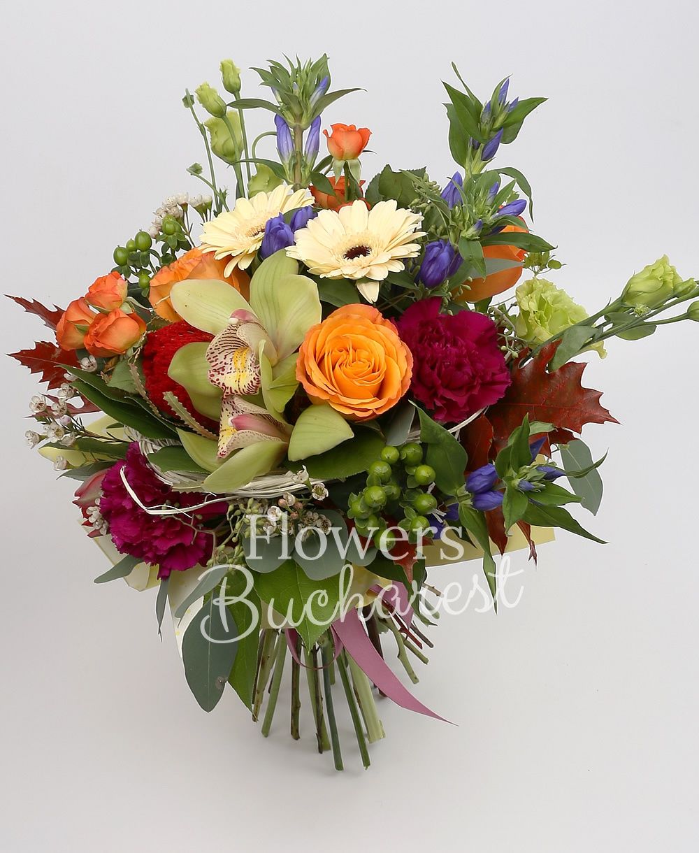 5 blue gentian, 3 orange roses, 3 cream gerbera, 3 orange miniroses, 3 green lisianthus, 3 green hypericum, 3 cyclam dianthus, 3 red tulips, waxflower, greenery