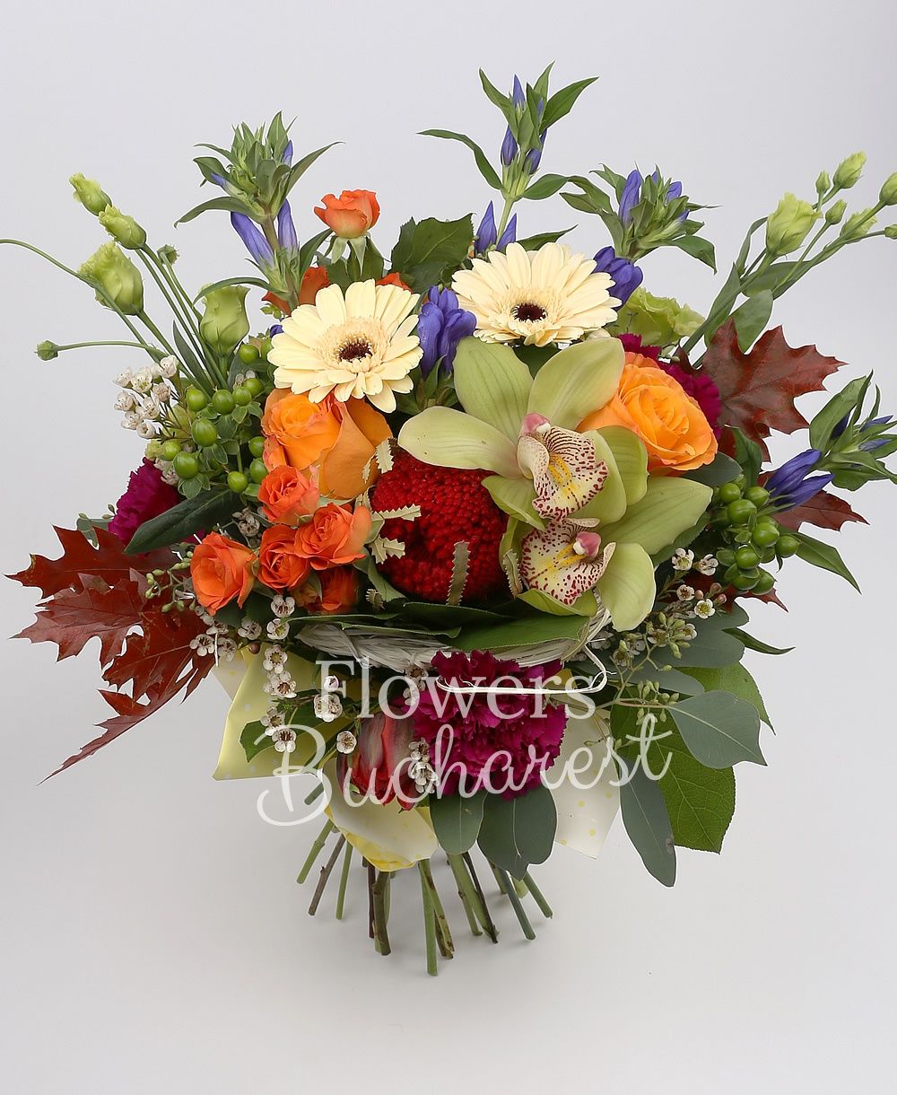 5 blue gentian, 3 orange roses, 3 cream gerbera, 3 orange miniroses, 3 green lisianthus, 3 green hypericum, 3 cyclam dianthus, 3 red tulips, waxflower, greenery