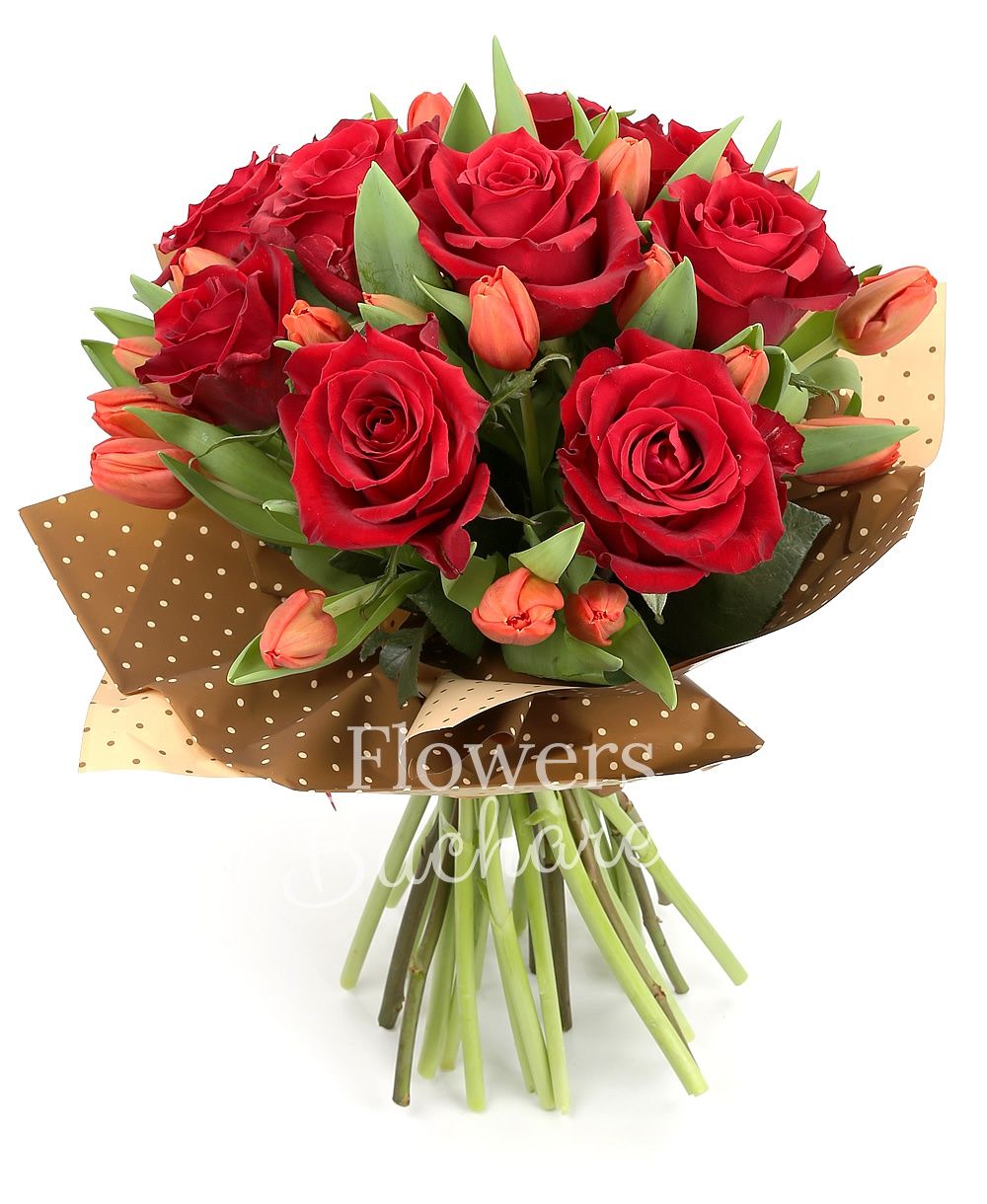 9 red roses, 20 red tulips, greenery