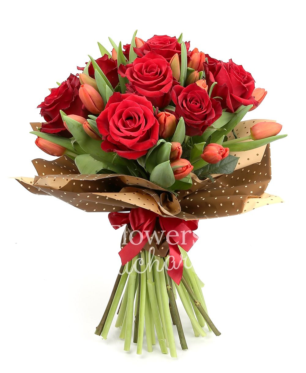 9 red roses, 20 red tulips, greenery