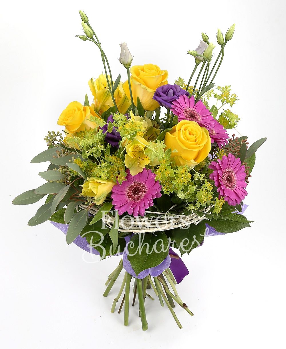 3 yellow roses, 5 cyclam gerbera, 3 yellow alstroemeria, 3 mauve lisianthus, greenery