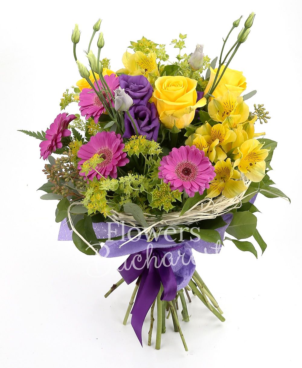 3 yellow roses, 5 cyclam gerbera, 3 yellow alstroemeria, 3 mauve lisianthus, greenery