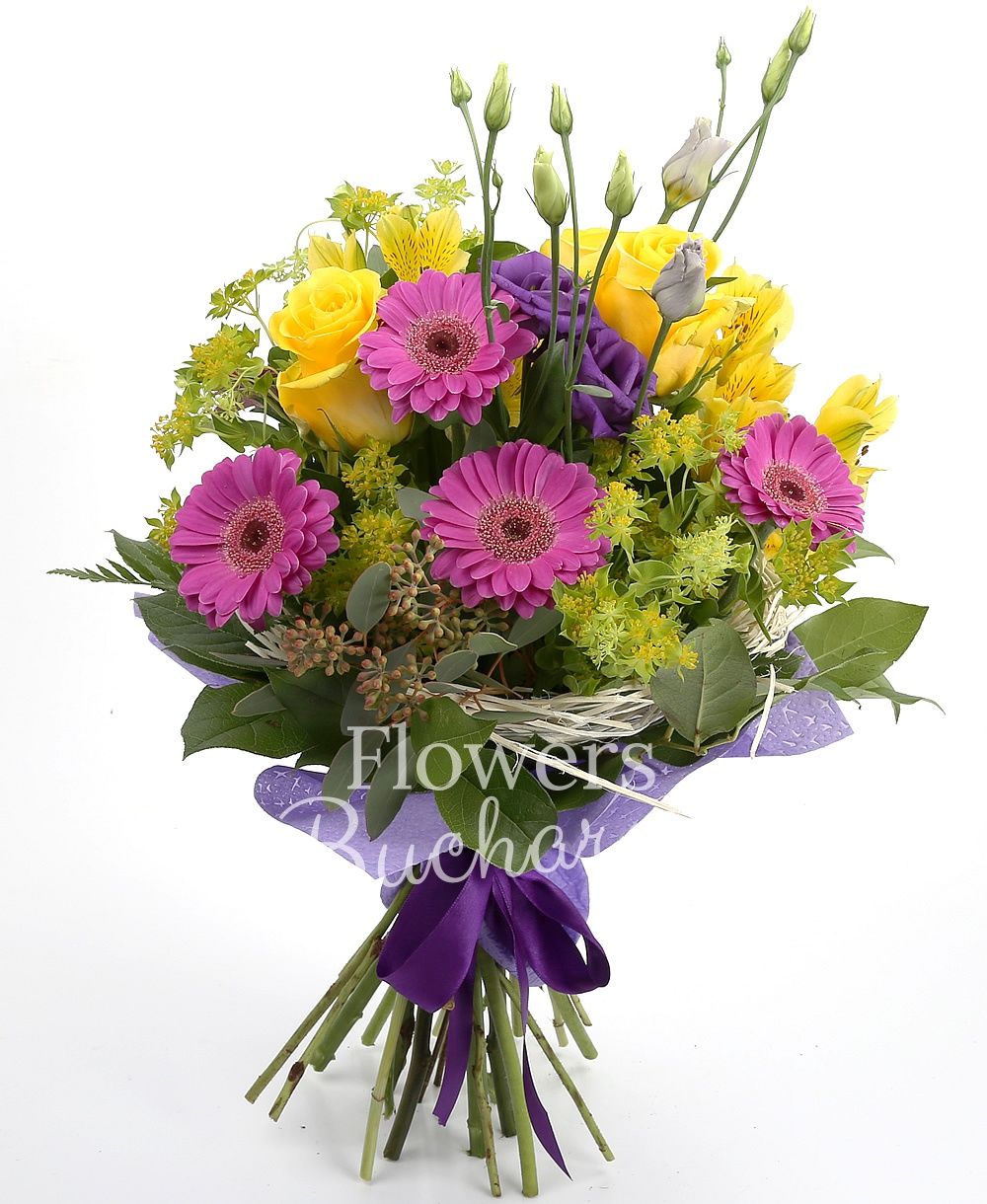 3 yellow roses, 5 cyclam gerbera, 3 yellow alstroemeria, 3 mauve lisianthus, greenery