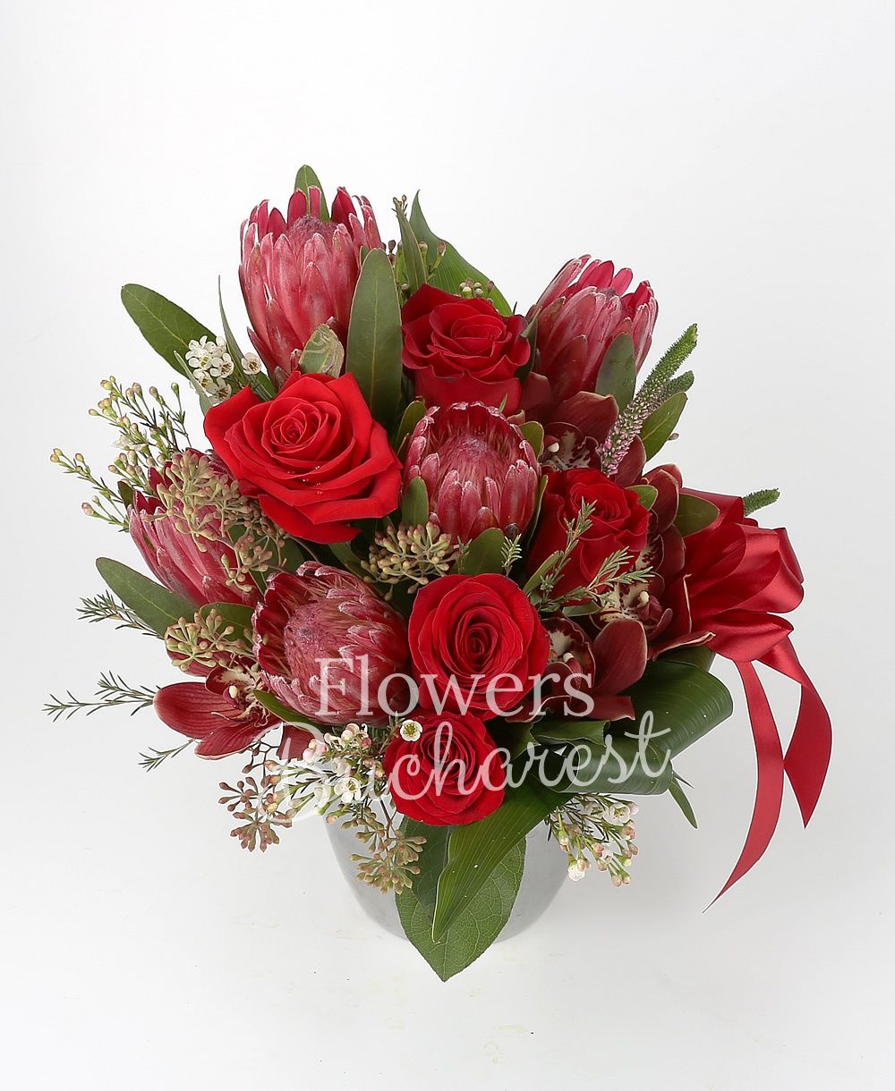 5 red roses, 5 proteea, garnet cymbidium, 3 pink veronica, white waxflower, greenery, ceramic vase