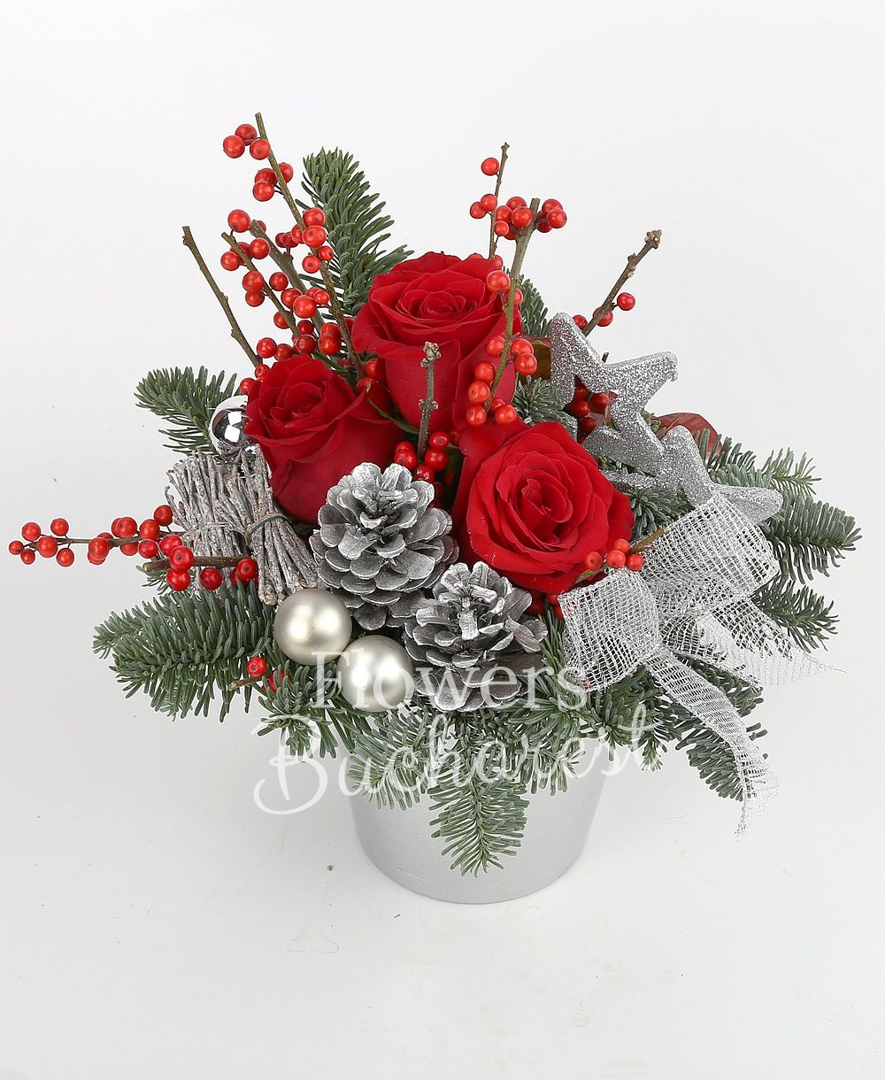 3 red roses, 2 red anthurium, globes, stars, dried orange slices, greenery