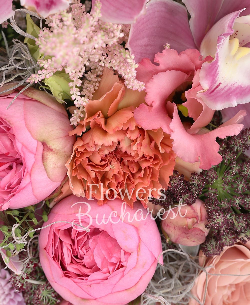 7 piano roses, 5 carnations, 5 cappuccino roses, 3 lisianthus, 3 astilbe, 2 pink santini, pink cymbidium, greenery