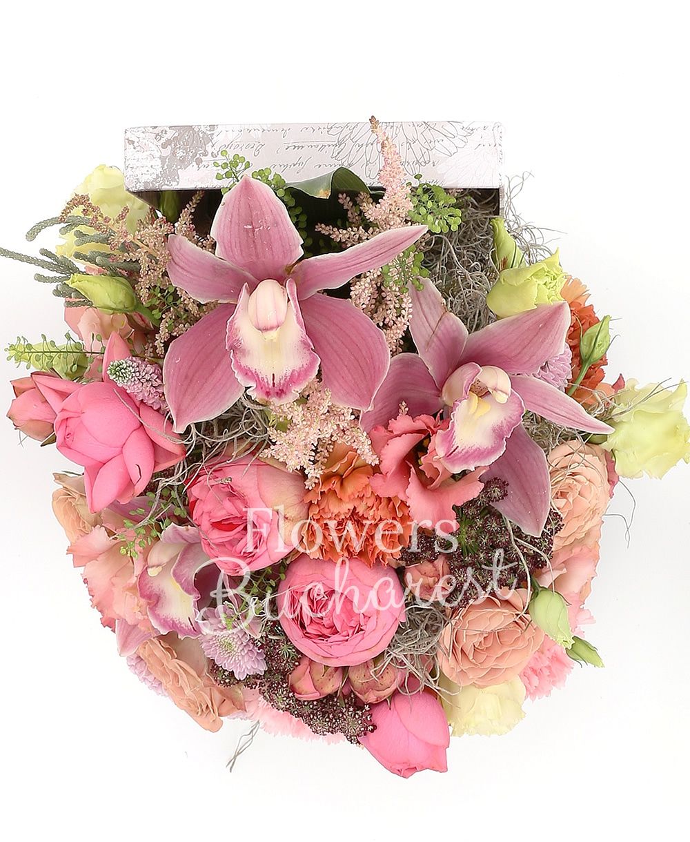 7 piano roses, 5 carnations, 5 cappuccino roses, 3 lisianthus, 3 astilbe, 2 pink santini, pink cymbidium, greenery