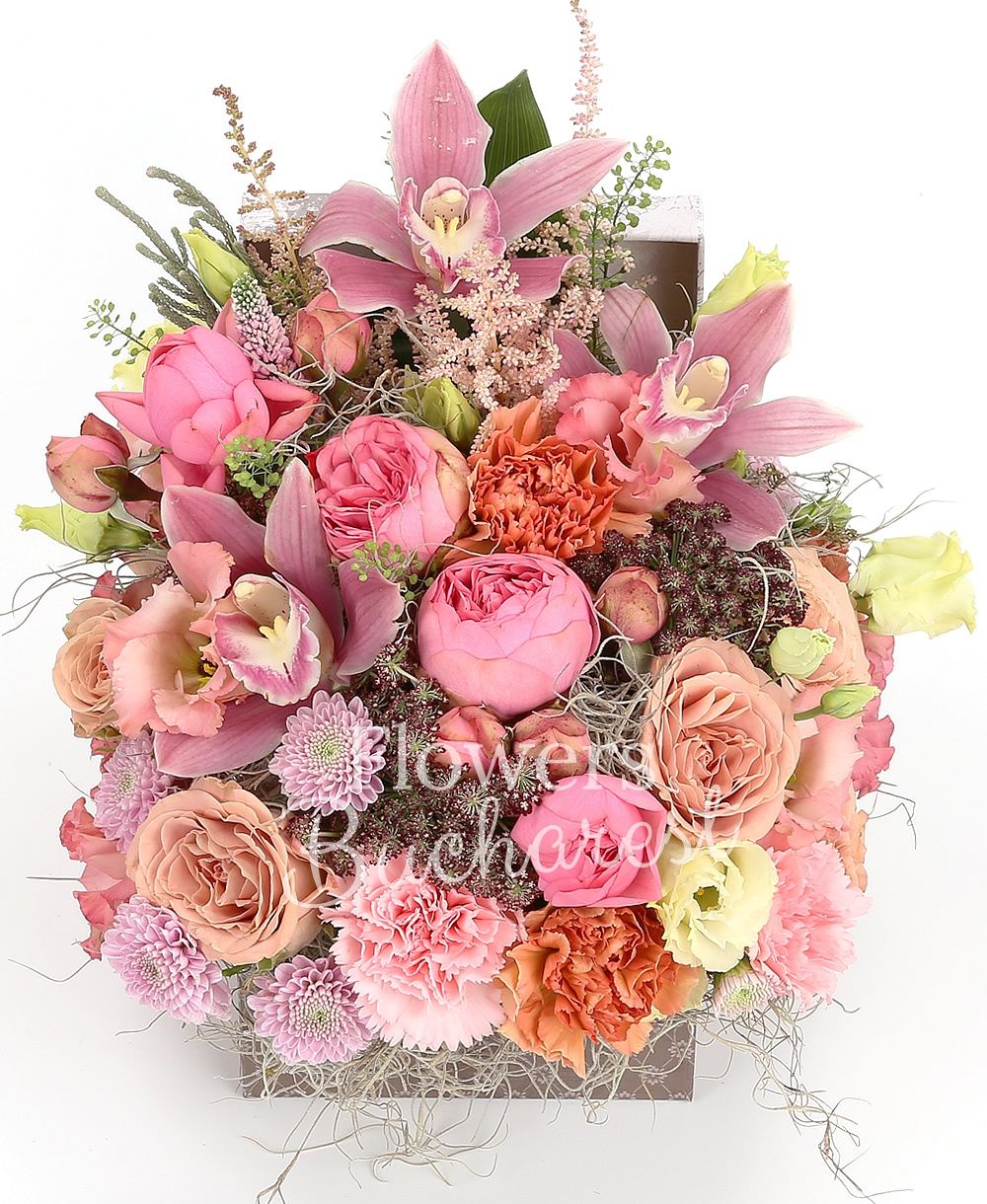 7 piano roses, 5 carnations, 5 cappuccino roses, 3 lisianthus, 3 astilbe, 2 pink santini, pink cymbidium, greenery