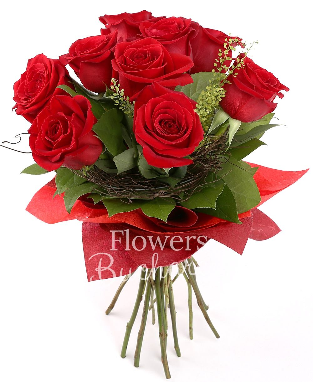 9 red roses, greenery