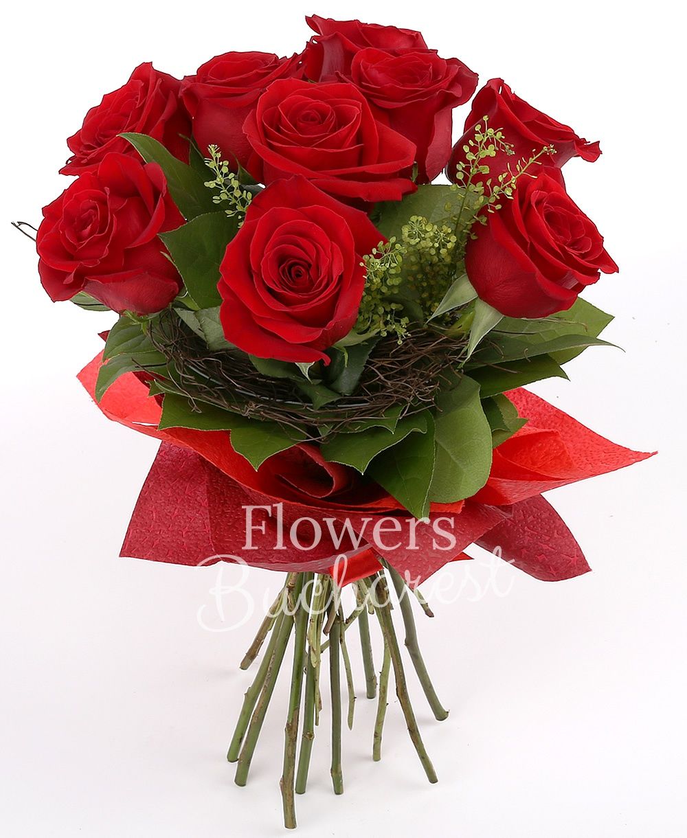 9 red roses, greenery