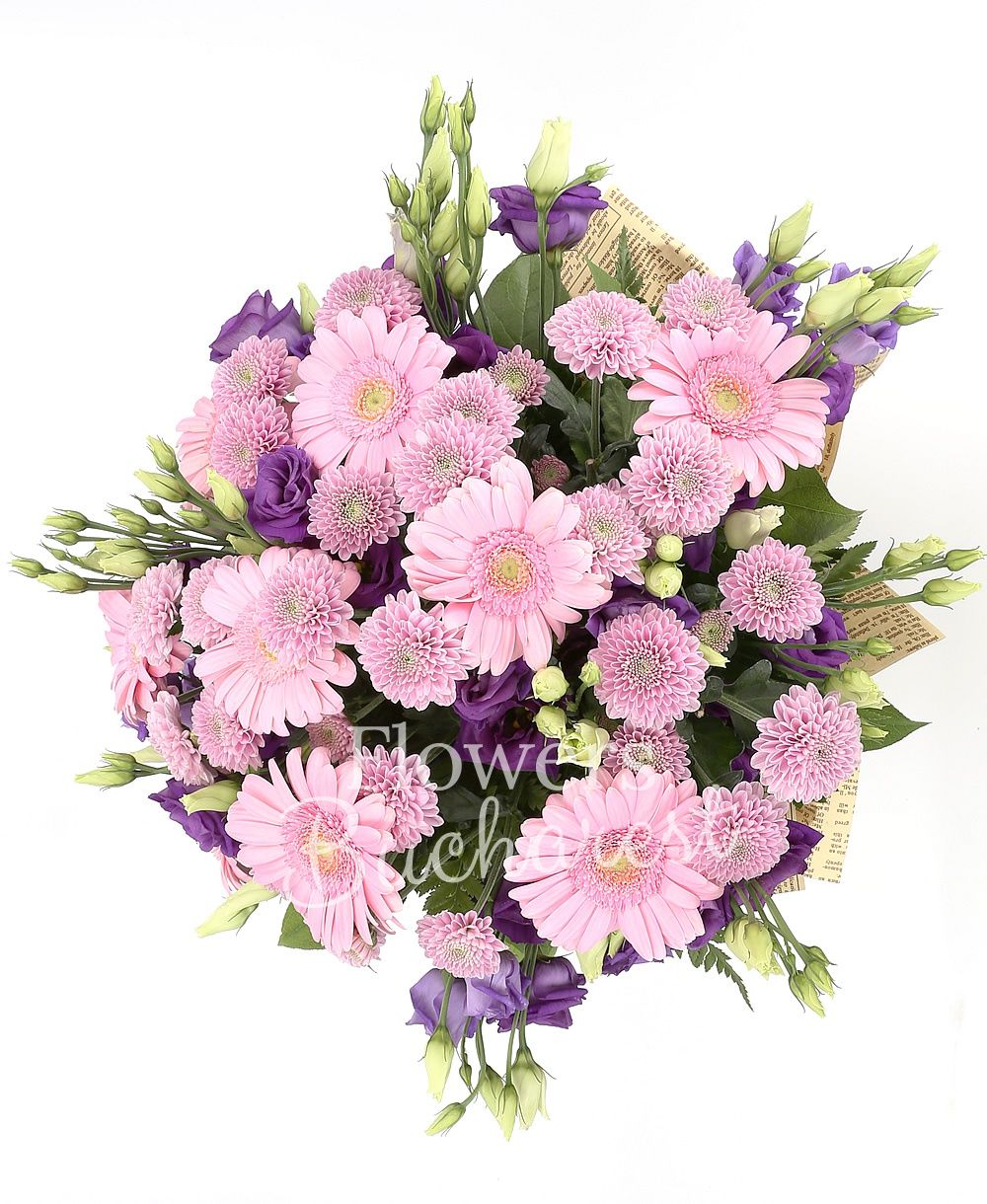 9 gerbera, 9 mauve lisianthus, 7 pink santini, greenery