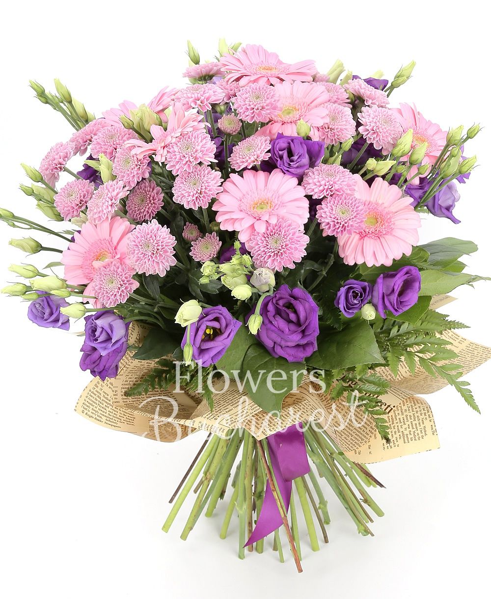 9 gerbera, 9 mauve lisianthus, 7 pink santini, greenery