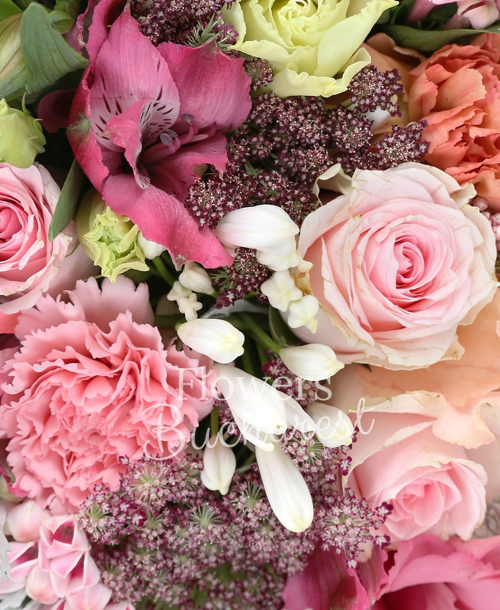 2 pink alstroemeria, 5 carnations, sticky, 2 pink bouvardia, 3 white agapanthus, 3 pink roses, 2 lisianthus, greenery