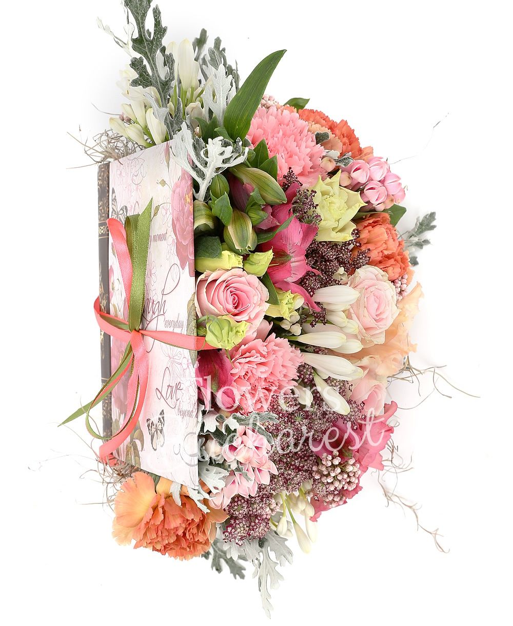 2 pink alstroemeria, 5 carnations, sticky, 2 pink bouvardia, 3 white agapanthus, 3 pink roses, 2 lisianthus, greenery