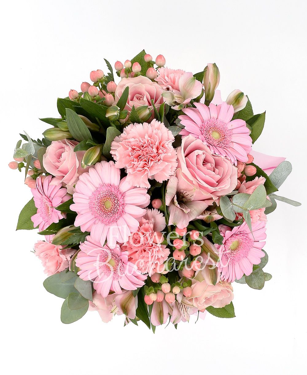 5 pink roses, 5 pink gerbera, 5 pink carnations, 5 pink alstroemeria, 5 pink hypericum, greenery