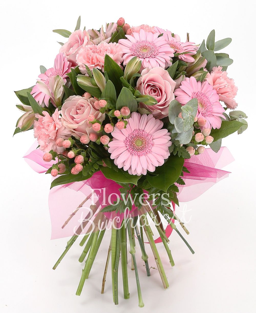 5 pink roses, 5 pink gerbera, 5 pink carnations, 5 pink alstroemeria, 5 pink hypericum, greenery