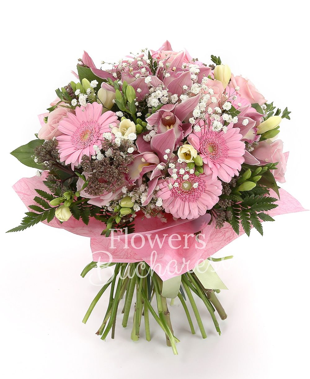 5 pink roses, 15 white freesias, 7 pink gerbera, pink cymbidium, greenery