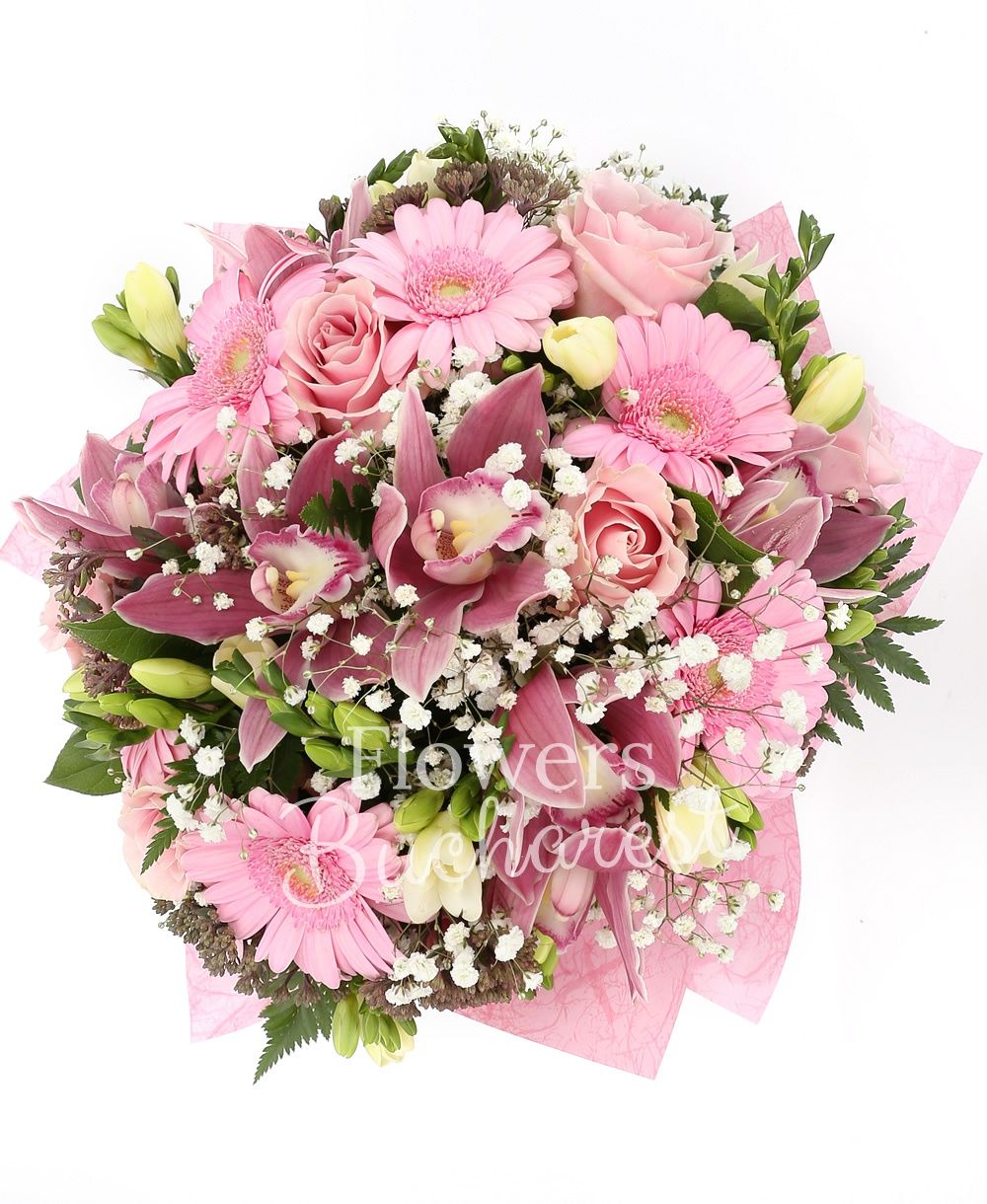 5 pink roses, 15 white freesias, 7 pink gerbera, pink cymbidium, greenery