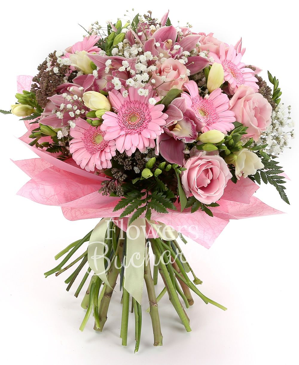 5 pink roses, 15 white freesias, 7 pink gerbera, pink cymbidium, greenery