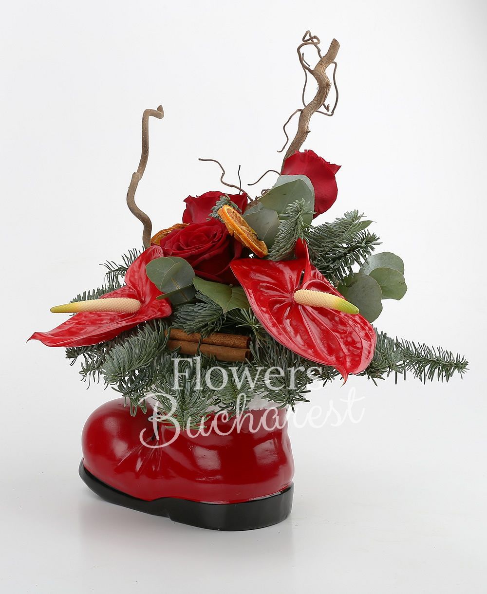 3 red roses, 2 red anthurium, corylus, dried orange slices, globes, greenery