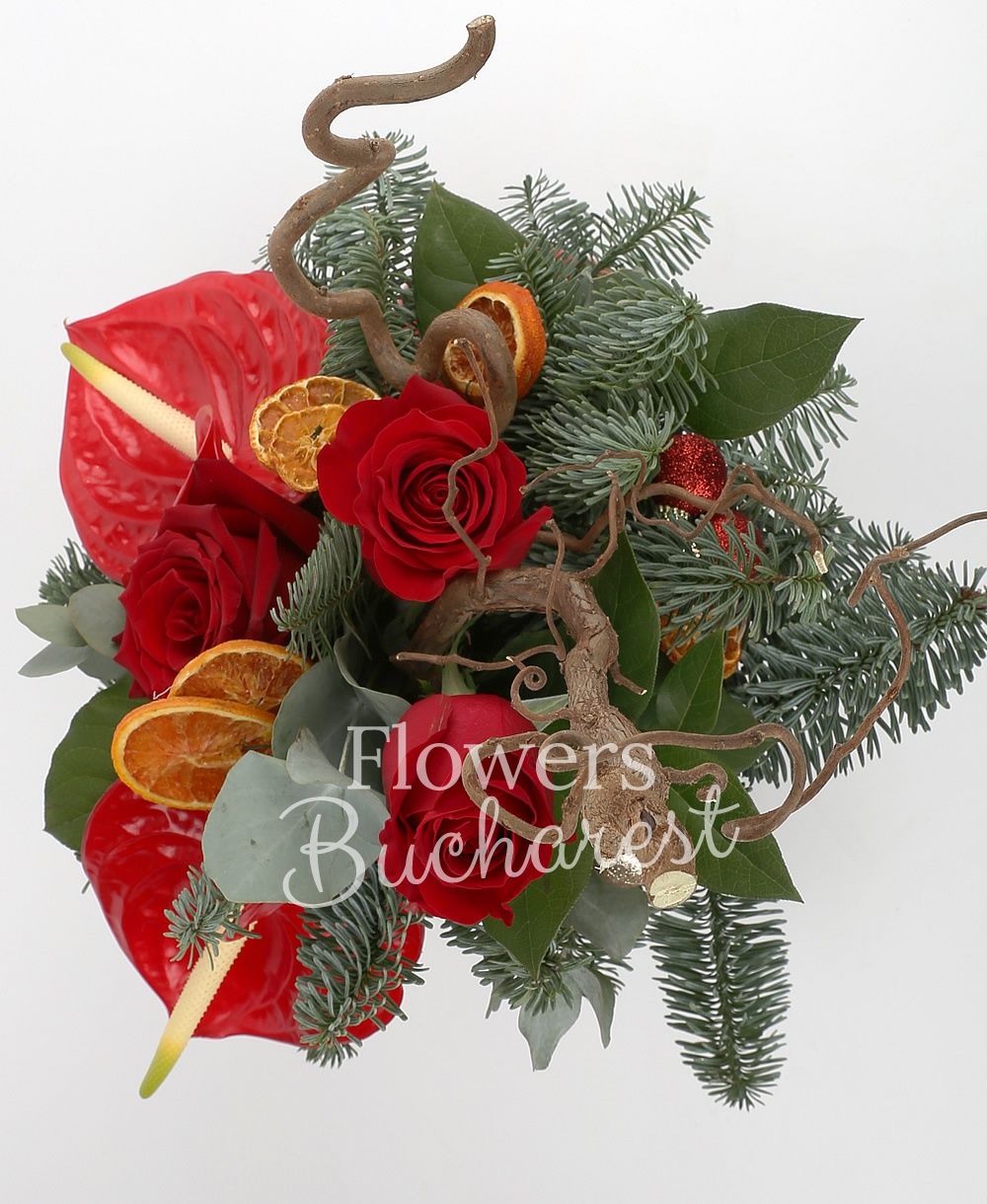 3 red roses, 2 red anthurium, corylus, dried orange slices, globes, greenery